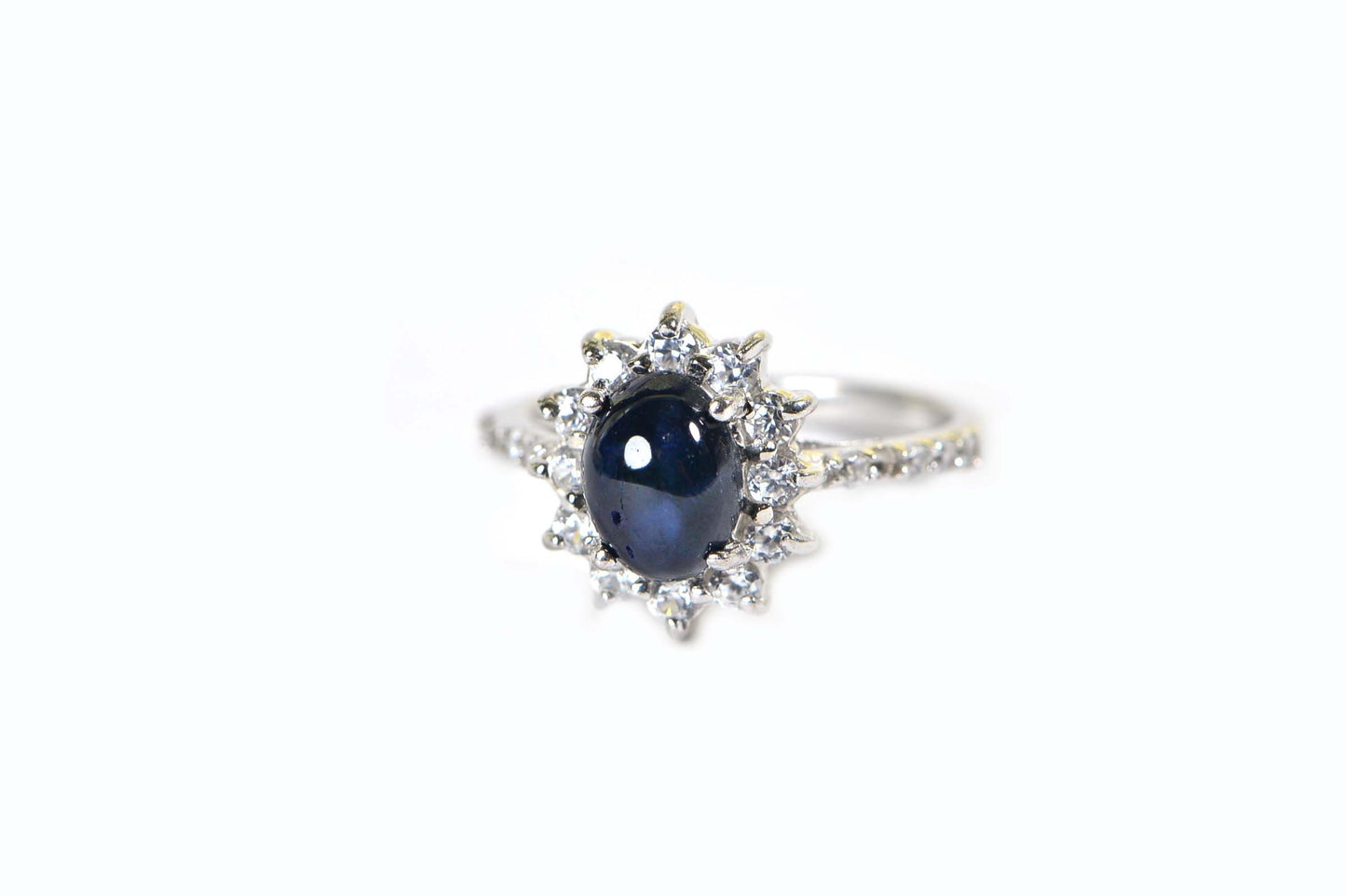 Thai Blue Star Sapphire Ring: Sterling Silver Sunburst Halo, Moissanite