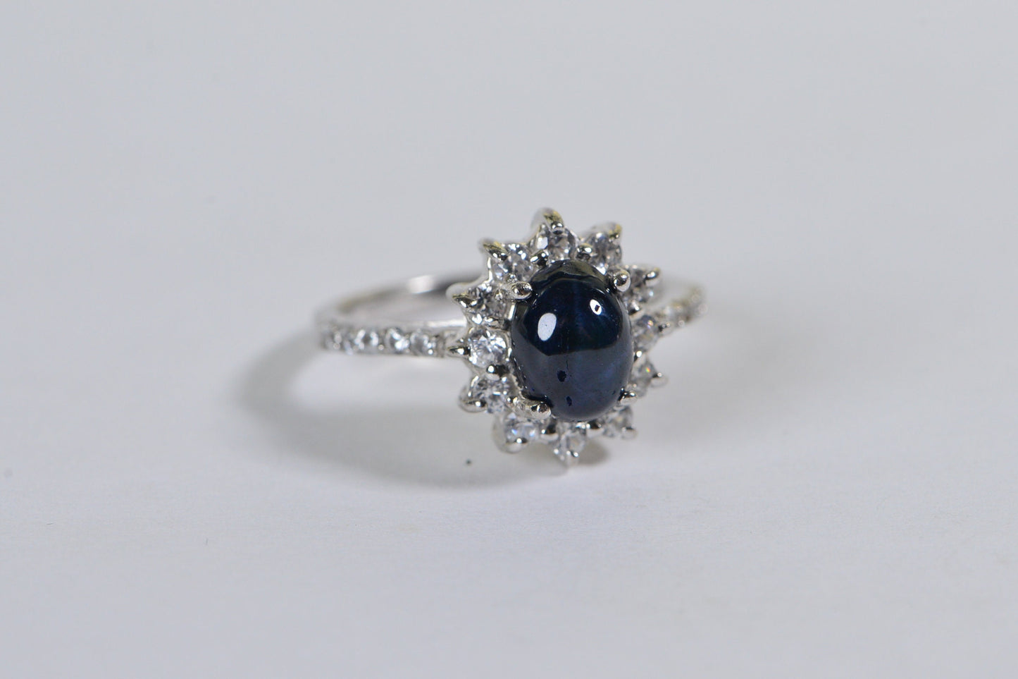 Thai Blue Star Sapphire Ring: Sterling Silver Sunburst Halo, Moissanite