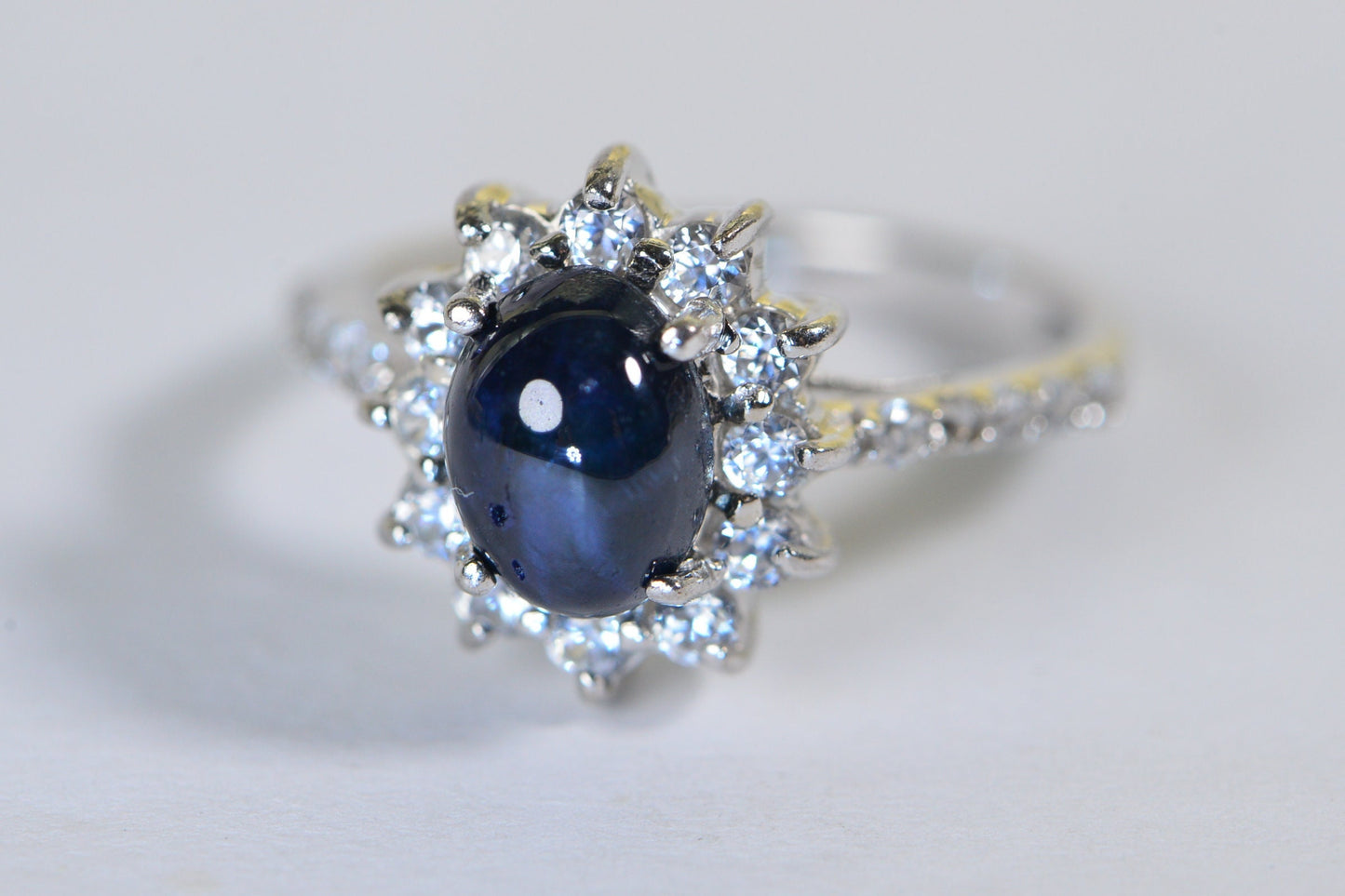 Thai Blue Star Sapphire Ring: Sterling Silver Sunburst Halo, Moissanite