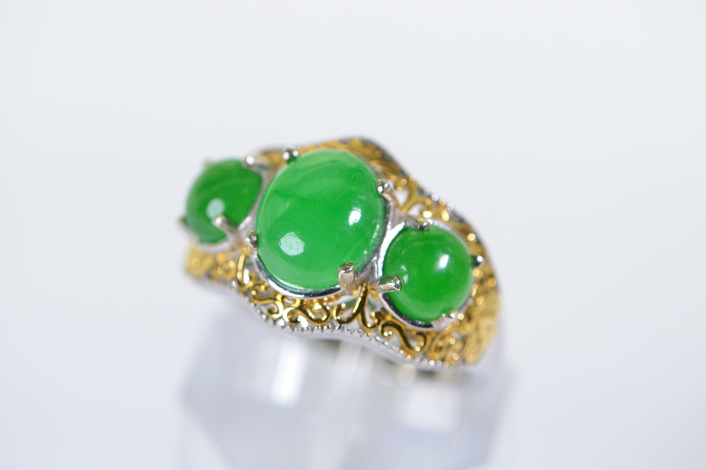 Vintage Apple Green Jade Trilogy Ring: 18K Gold Over Sterling Silver