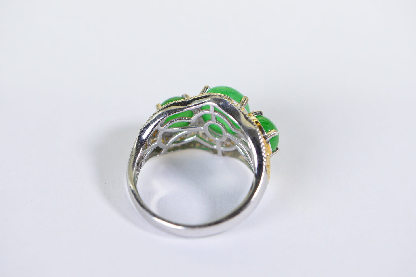 Vintage Apple Green Jade Trilogy Ring: 18K Gold Over Sterling Silver