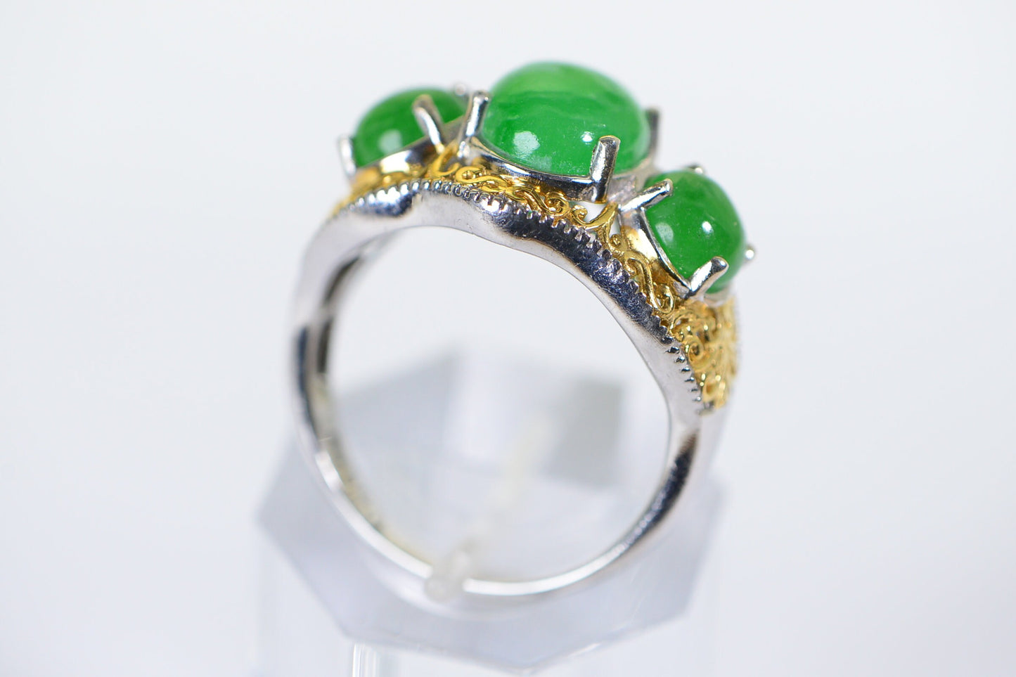 Vintage Apple Green Jade Trilogy Ring: 18K Gold Over Sterling Silver