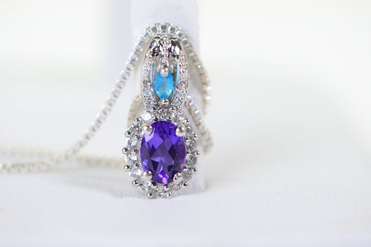 Amethyst Pendant Necklace: Sterling Silver Halo, Apatite Accent