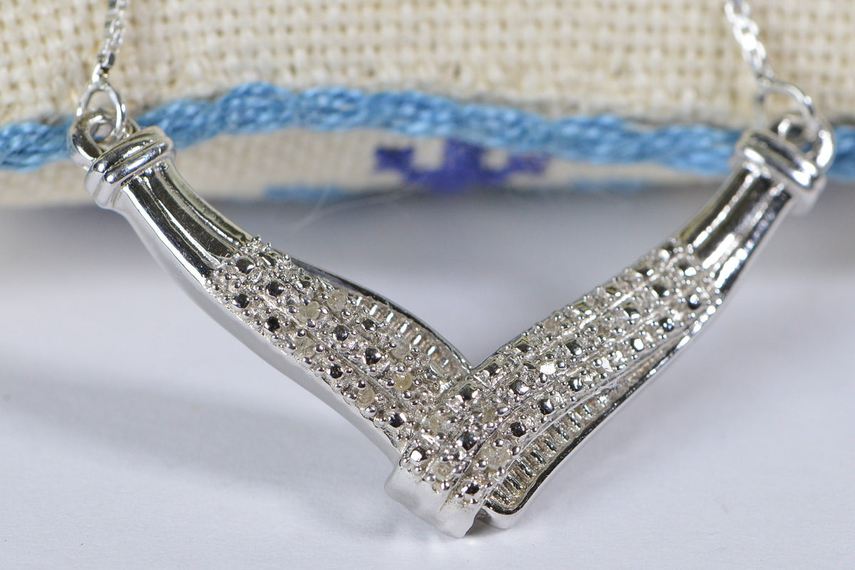 Natural Diamond Necklace V Shape Bar Sterling Silver Choker Gift for Wife