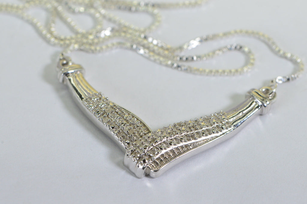 Natural Diamond Necklace V Shape Bar Sterling Silver Choker Gift for Wife