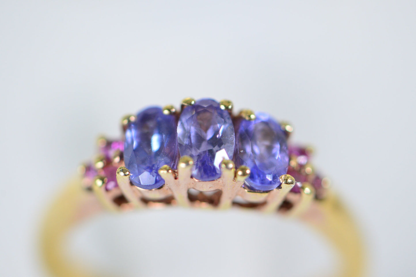 Tanzanite & Pink Sapphire Trilogy Ring: 14K Gold Over Sterling Silver