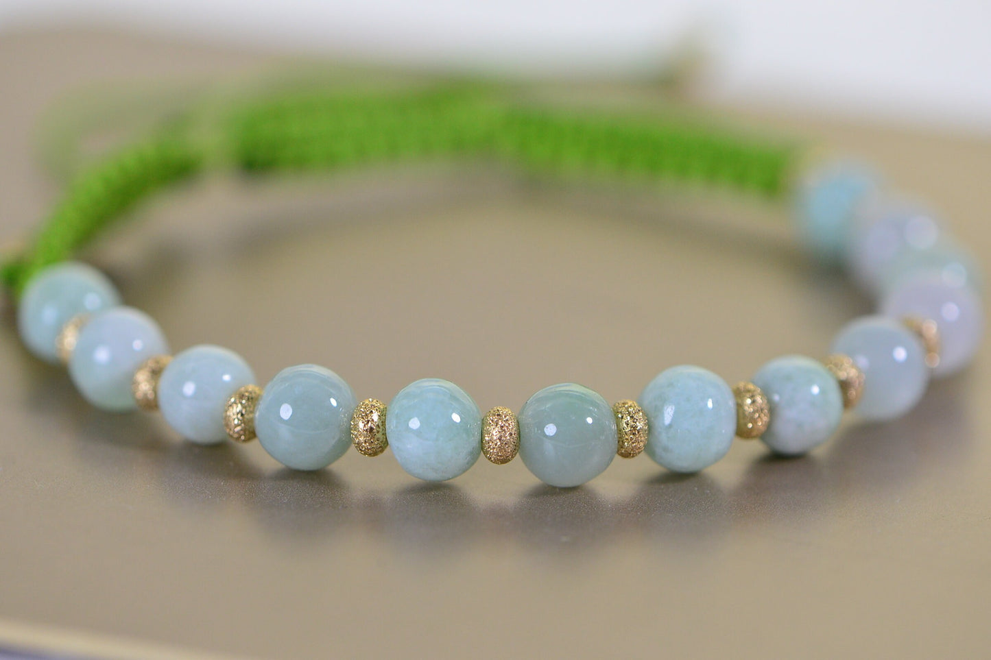 Handmade Burma Jade Bracelet: 14K Gold Beads, Woven Macrame