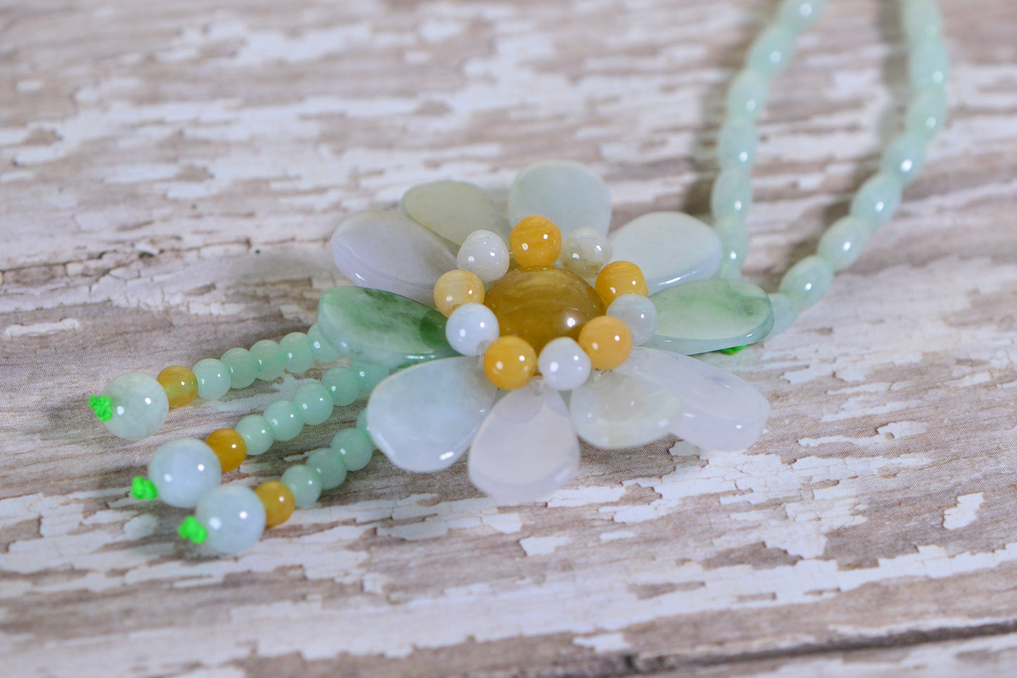 Burma Light Green Jade Flower Necklace: Beaded Lariat with Sterling Silver