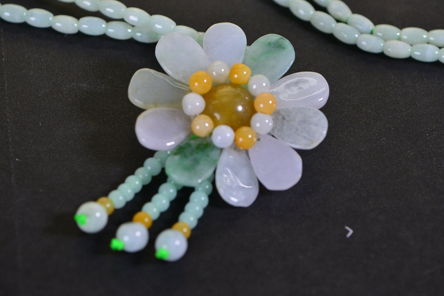 Burma Light Green Jade Flower Necklace: Beaded Lariat with Sterling Silver