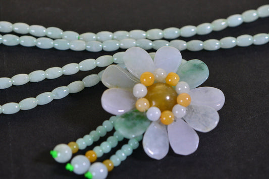 Burma Light Green Jade Flower Necklace: Beaded Lariat with Sterling Silver