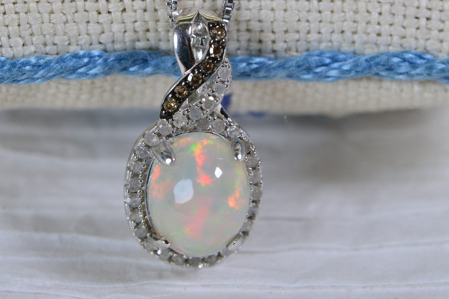 Ethiopian Opal Necklace: Chocolate & White Diamond Halo, Sterling Silver