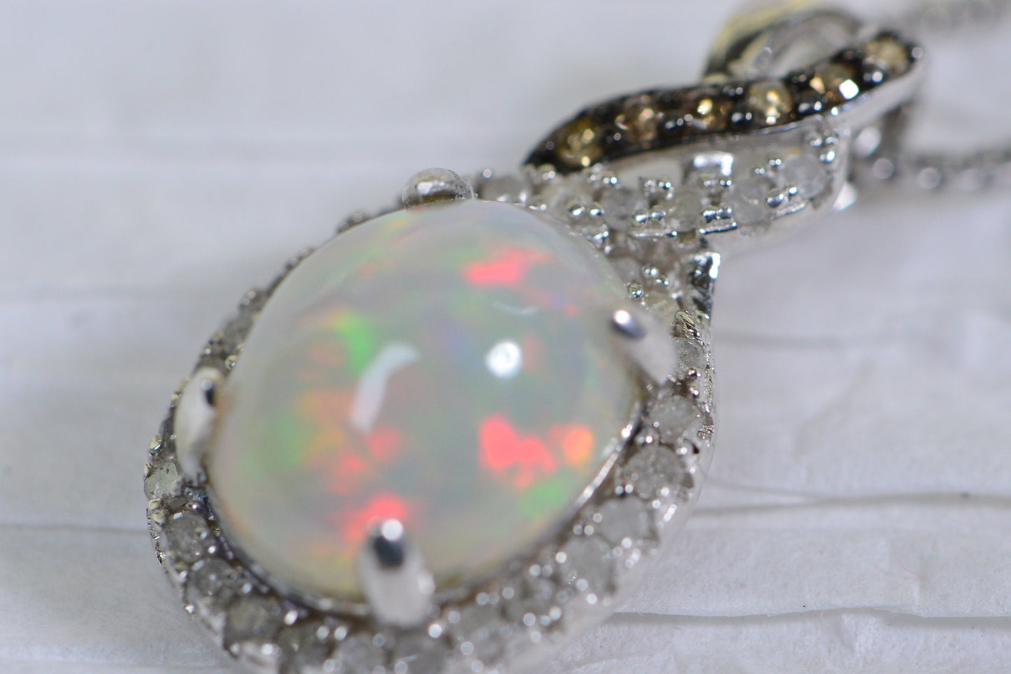 Ethiopian Opal Necklace: Chocolate & White Diamond Halo, Sterling Silver