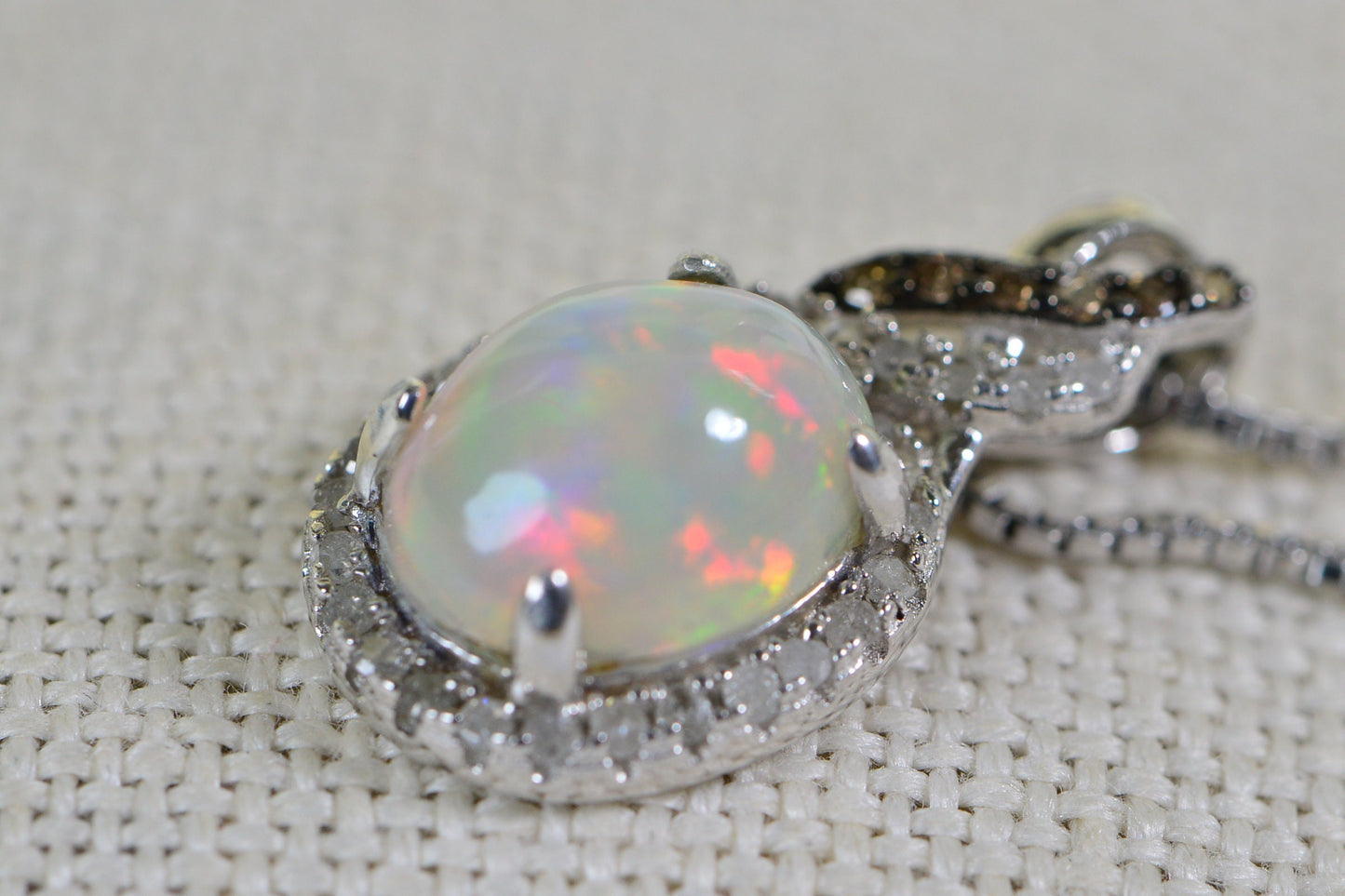 Ethiopian Opal Necklace: Chocolate & White Diamond Halo, Sterling Silver