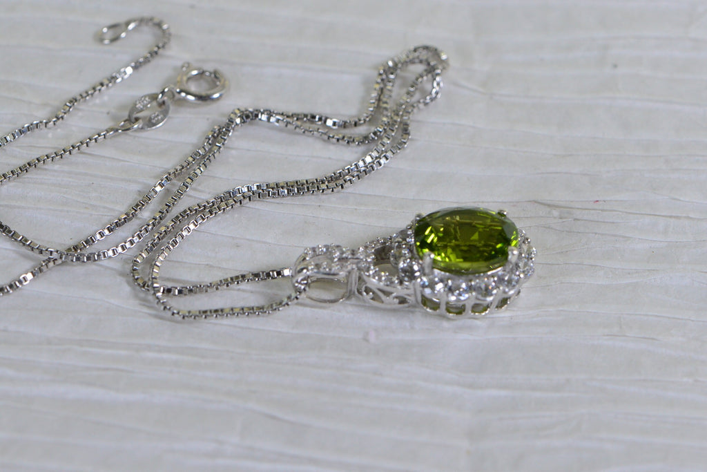 Peridot Sterling Silver Necklace: August Birthstone Halo Pendant