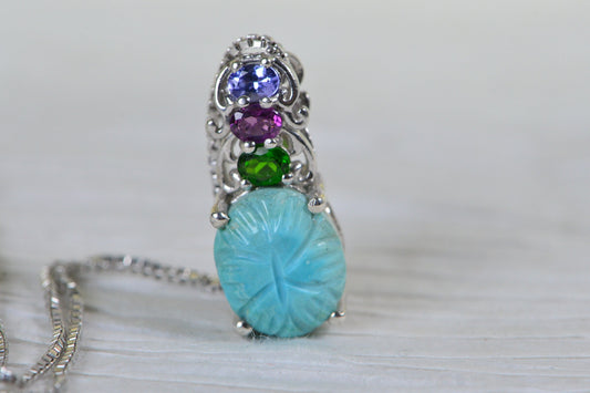 Sleeping Beauty Turquoise Carved Flower Pendant: Sterling Silver Multi Stone Necklace