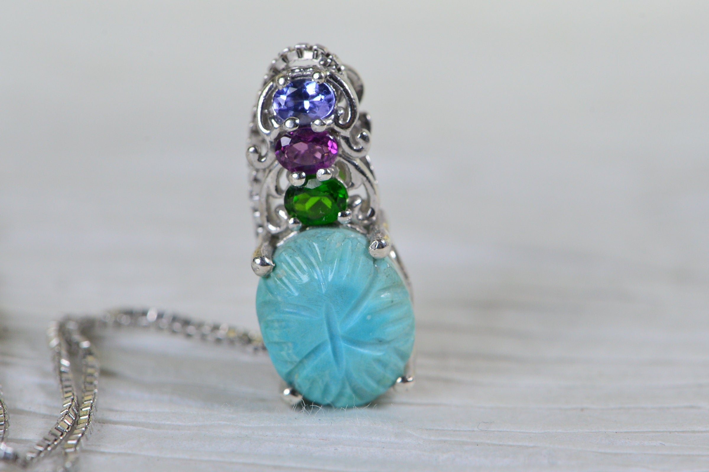 Sleeping Beauty Turquoise Carved Flower Pendant: Sterling Silver Multi Stone Necklace