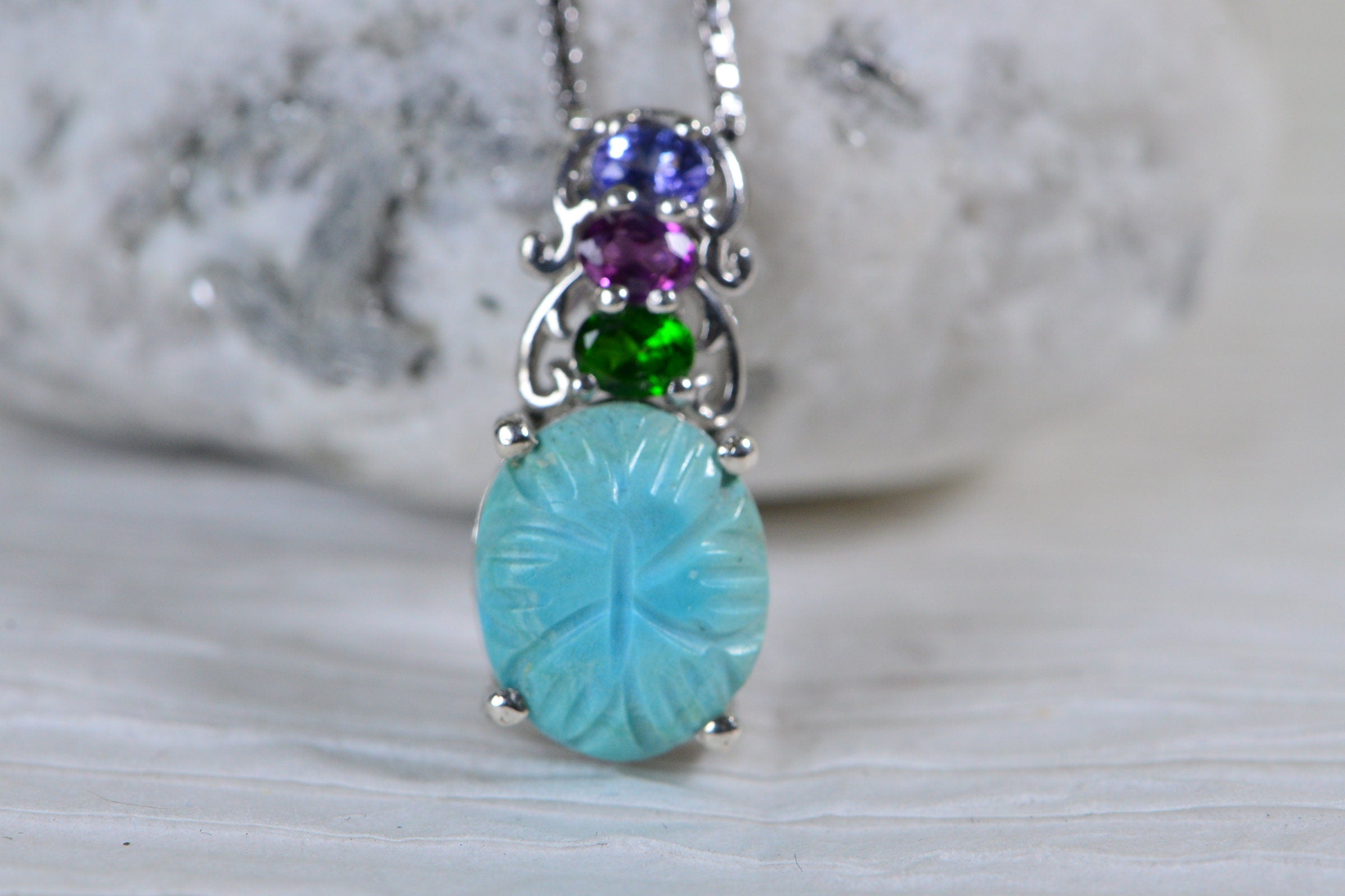 Sleeping Beauty Turquoise Carved Flower Pendant: Sterling Silver Multi Stone Necklace