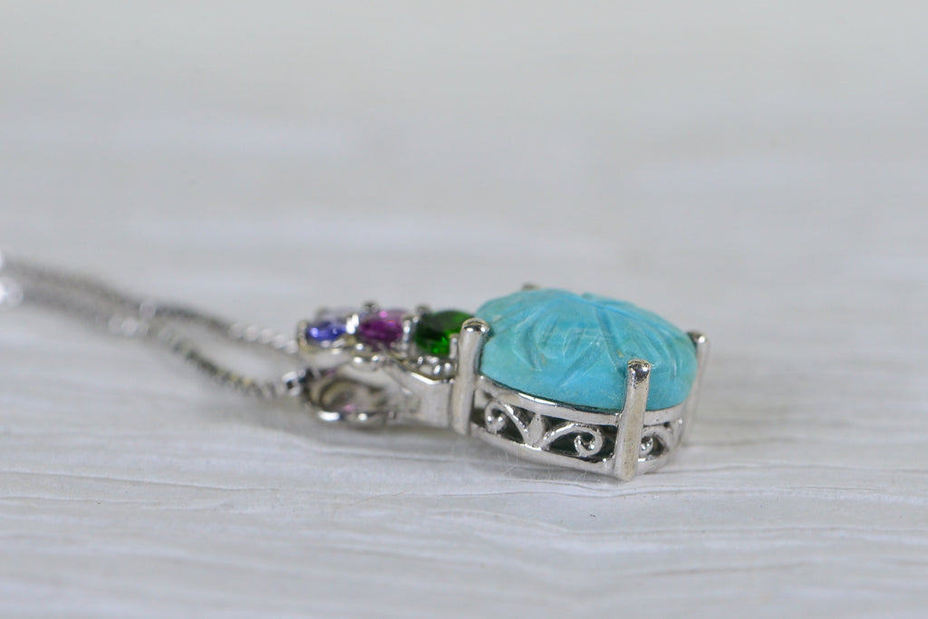 Sleeping Beauty Turquoise Carved Flower Pendant: Sterling Silver Multi Stone Necklace