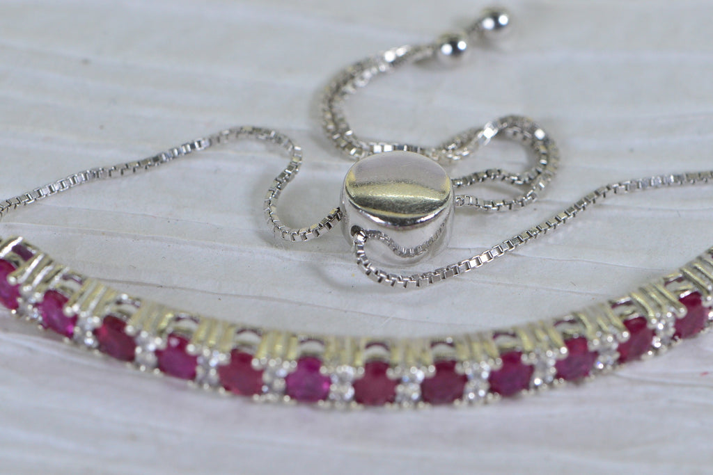 Natural Ruby Tennis Bracelet: Sterling Silver, CZ Diamond, Bolo Style