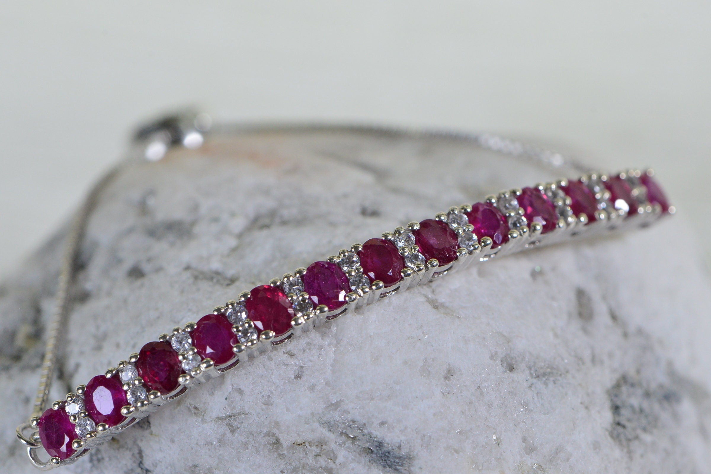 Natural Ruby Tennis Bracelet: Sterling Silver, CZ Diamond, Bolo Style