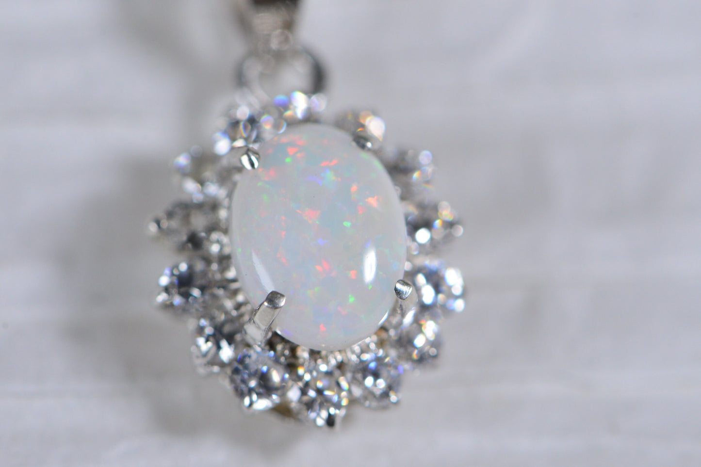 Australian Opal Pendant: 14K White Gold over Sterling Silver Halo