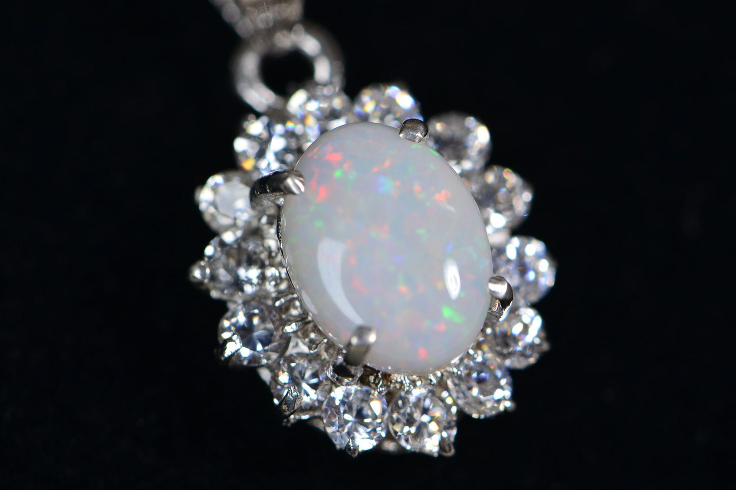 Australian Opal Pendant: 14K White Gold over Sterling Silver Halo