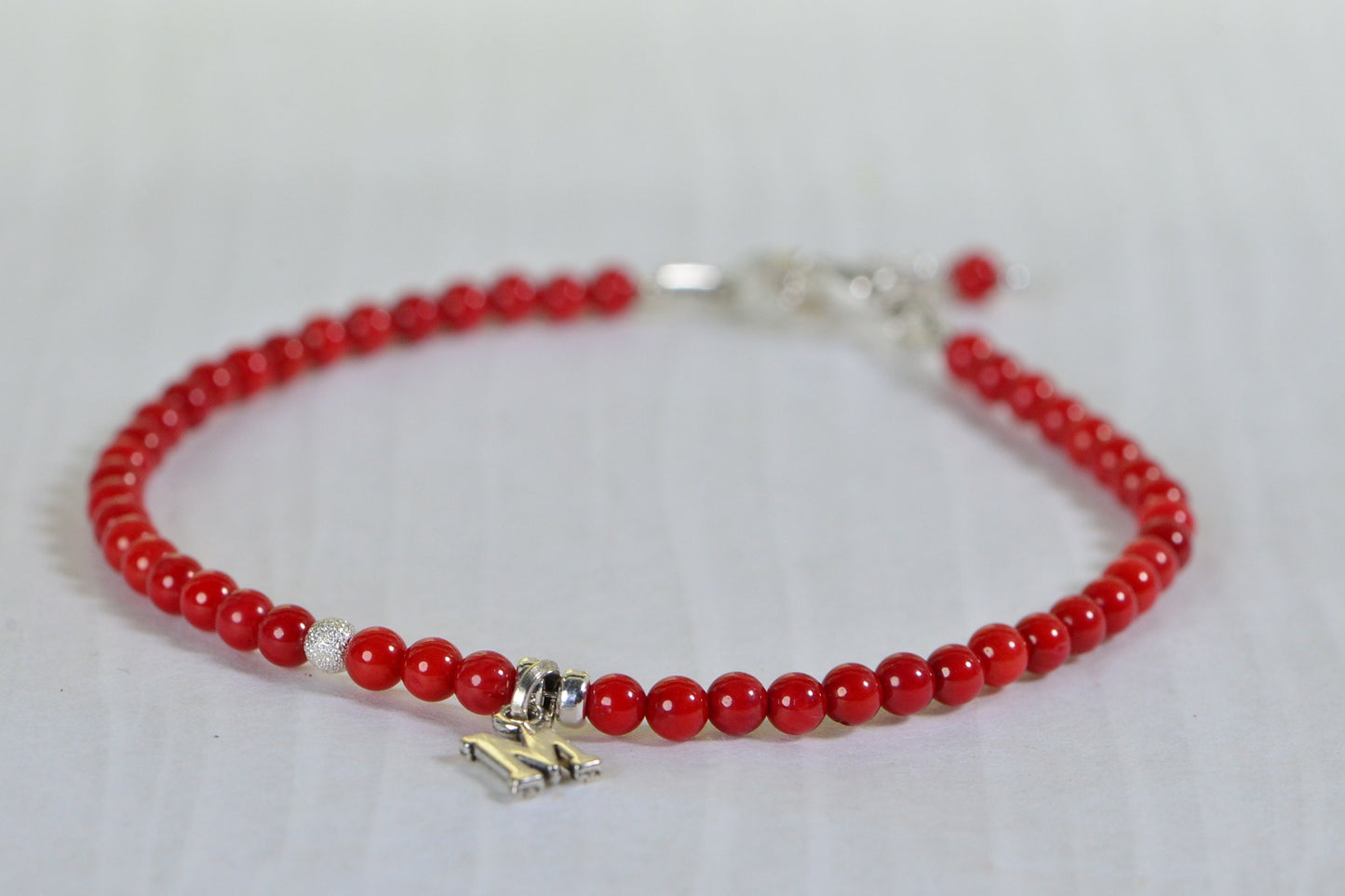 Red Coral Beaded Bracelet: Sterling Silver Clasp, Personalized Initial