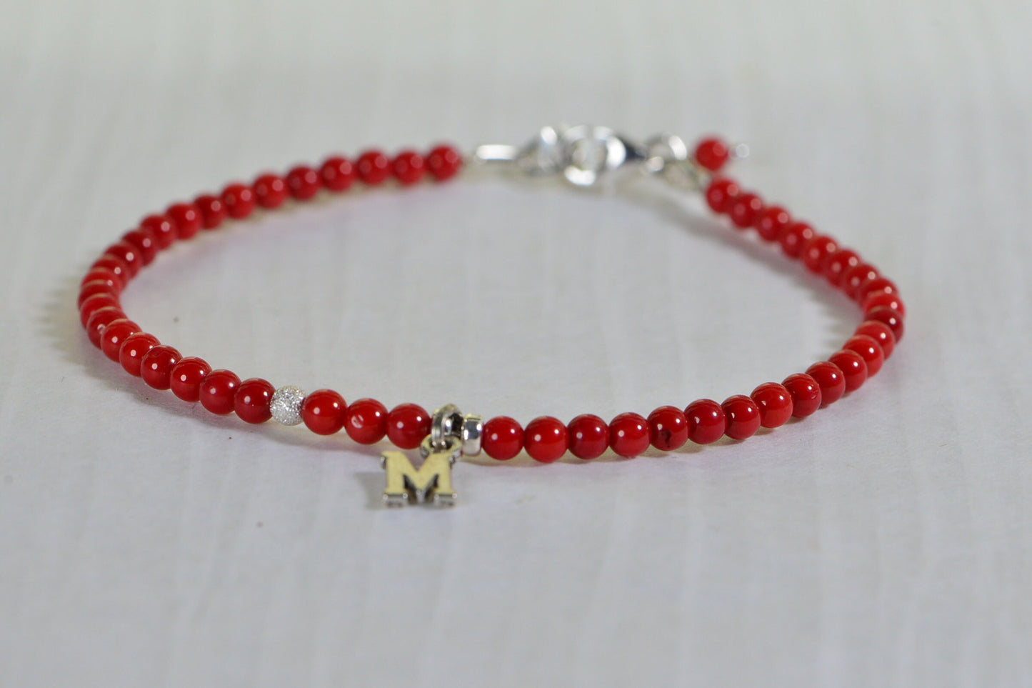 Red Coral Beaded Bracelet: Sterling Silver Clasp, Personalized Initial