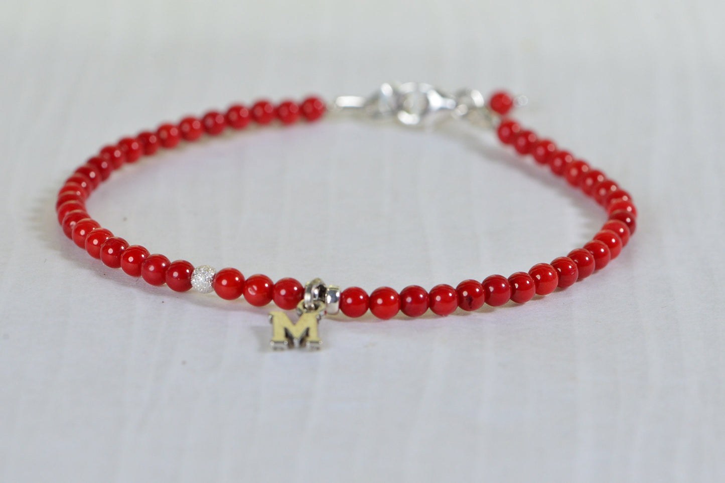 Red Coral Beaded Bracelet: Sterling Silver Clasp, Personalized Initial
