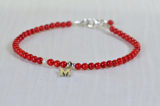 Red Coral Beaded Bracelet: Sterling Silver Clasp, Personalized Initial