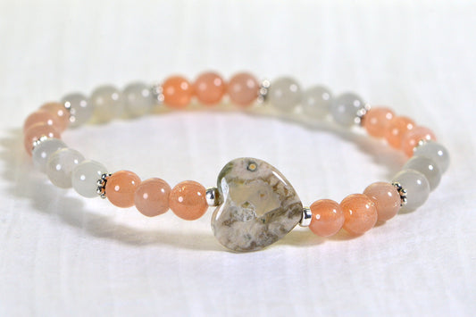 Heart Ocean Jasper Bracelet: Peach Moonstone Gemstone, Sterling Silver
