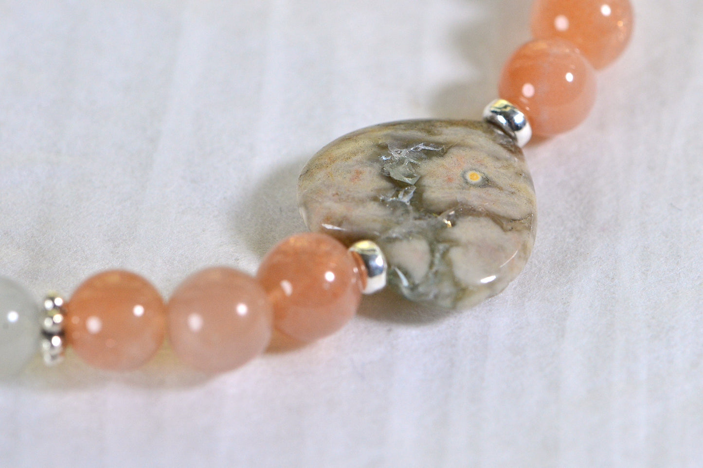 Heart Ocean Jasper Bracelet: Peach Moonstone Gemstone, Sterling Silver