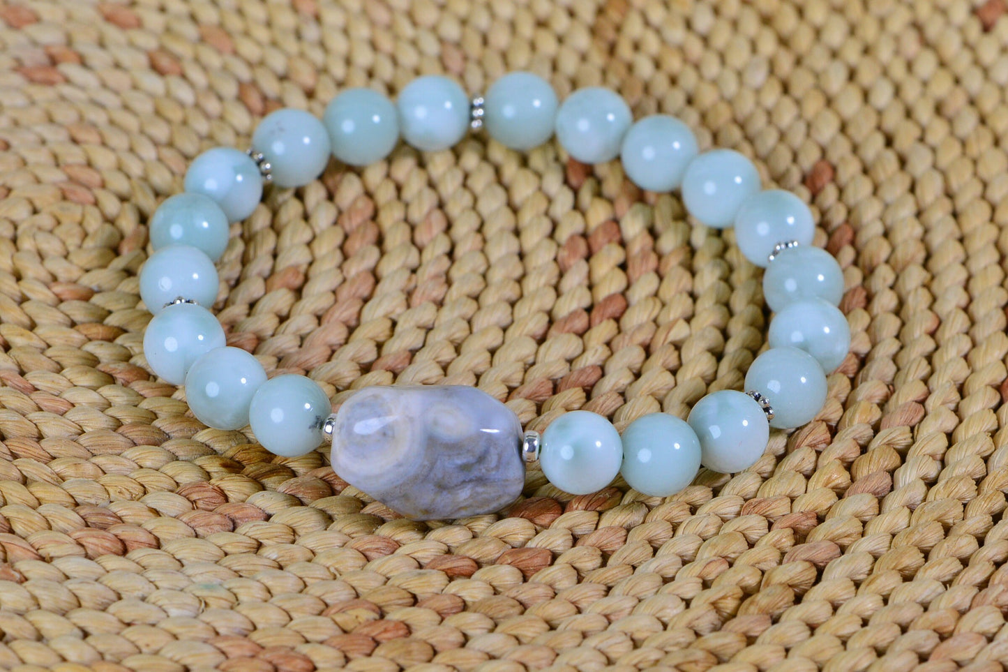 Ocean Jasper Mint Moonstone Bracelet: Sterling Silver Gemstone Stretch Bracelet