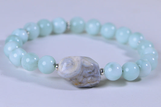 Ocean Jasper Mint Moonstone Bracelet: Sterling Silver Gemstone Stretch Bracelet