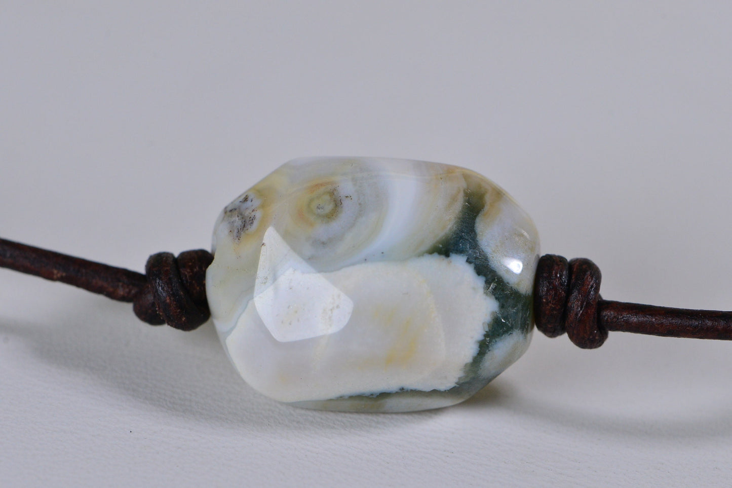 Ocean Jasper  Choker Necklace Single Bead On Leather Cord Gemstone Western Style Jewelry
