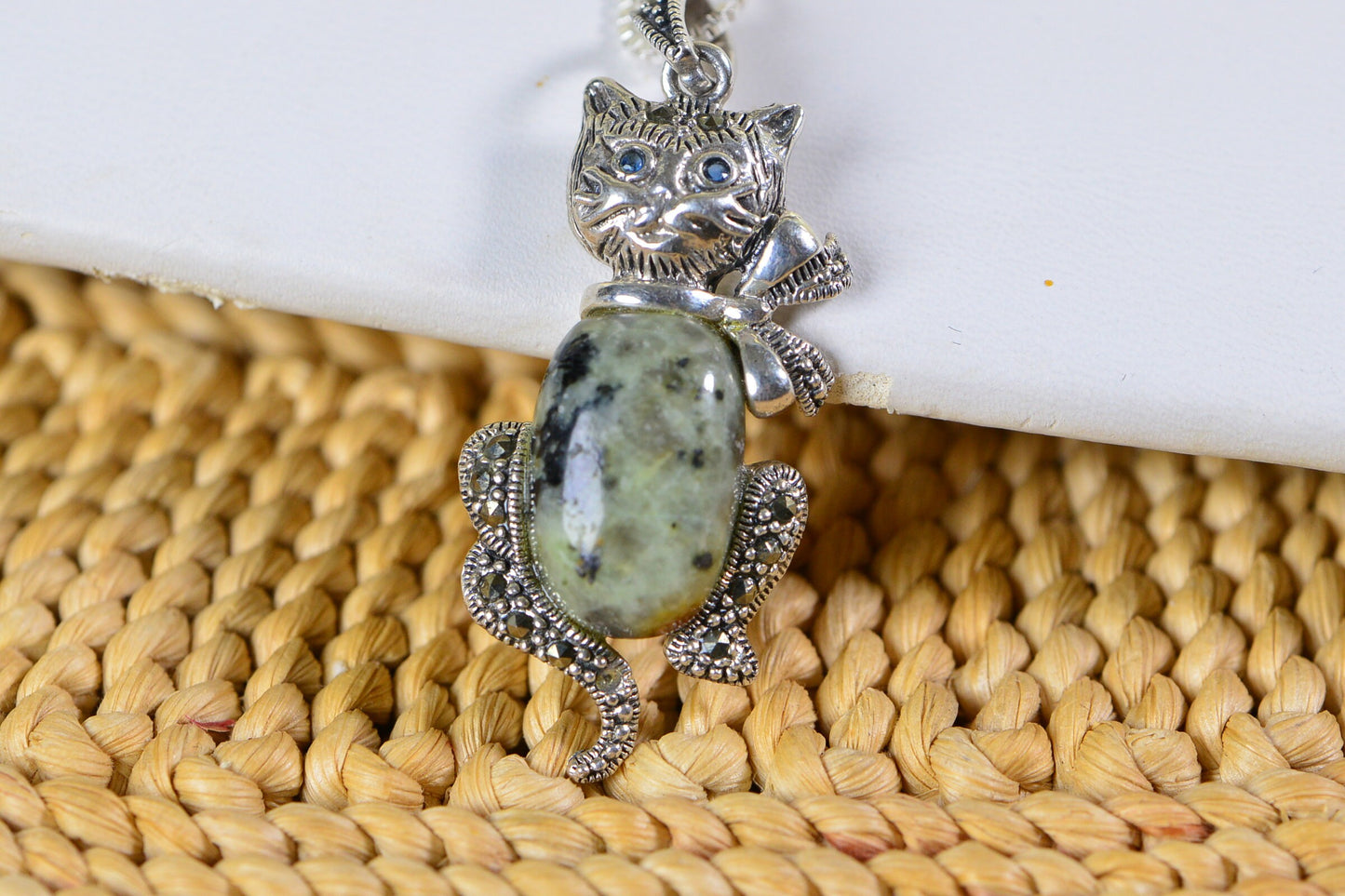 Vintage Sterling Silver Moldavite Cat Pendant: Blue Crystal Eyes