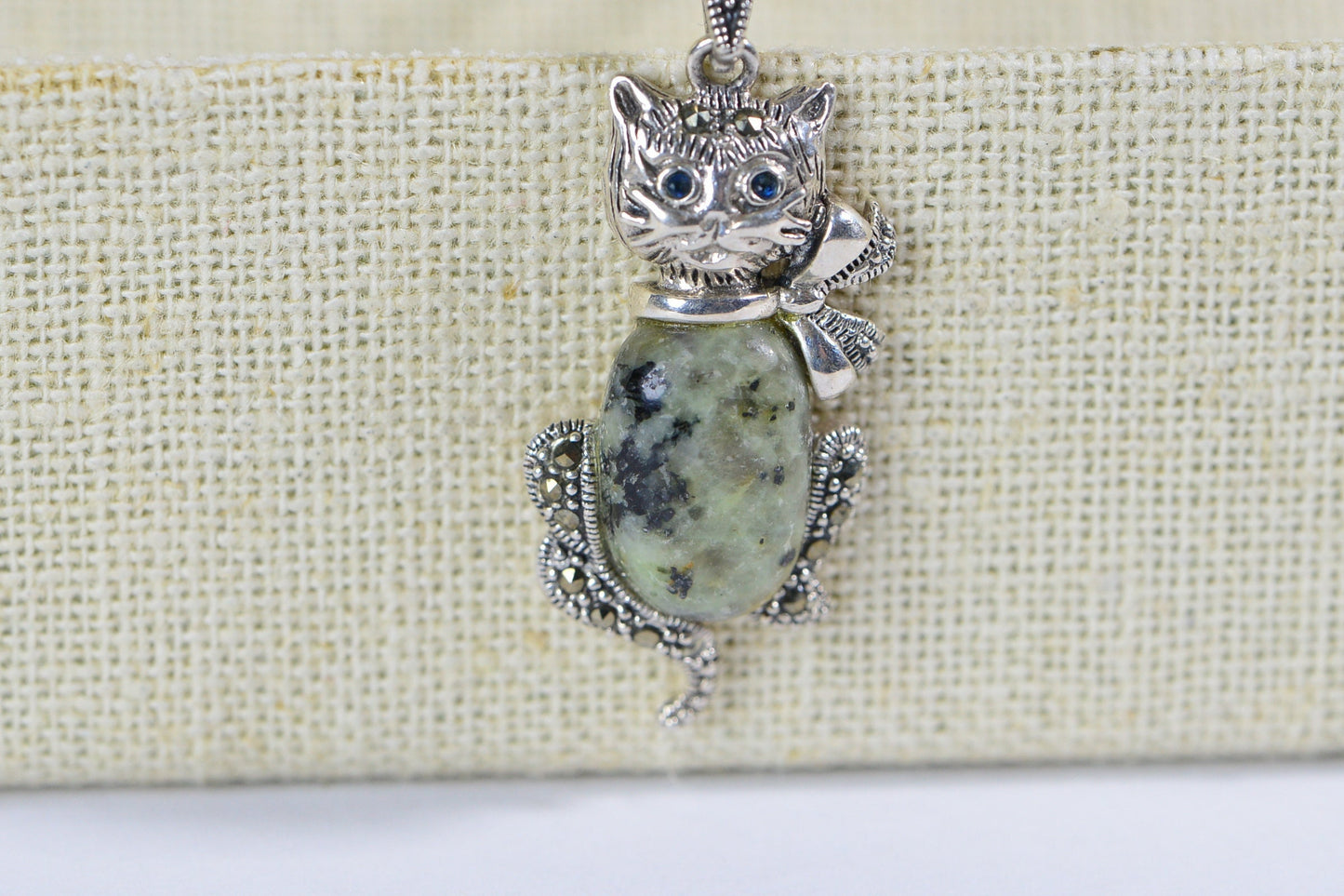 Vintage Sterling Silver Moldavite Cat Pendant: Blue Crystal Eyes