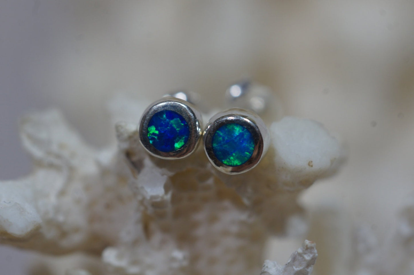 Blue Opal Stud Earrings, 4mm Tiny Jewelry