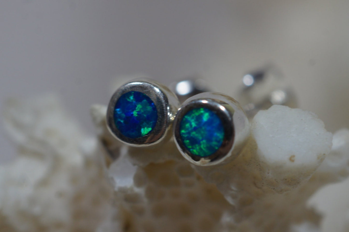 Blue Opal Stud Earrings, 4mm Tiny Jewelry