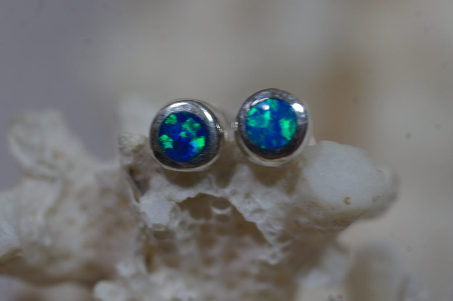 Blue Opal Stud Earrings, 4mm Tiny Jewelry