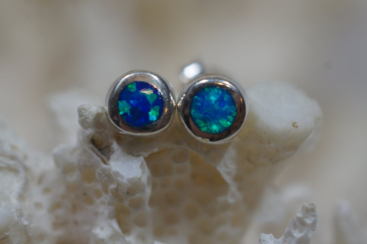 Blue Opal Stud Earrings, 4mm Tiny Jewelry