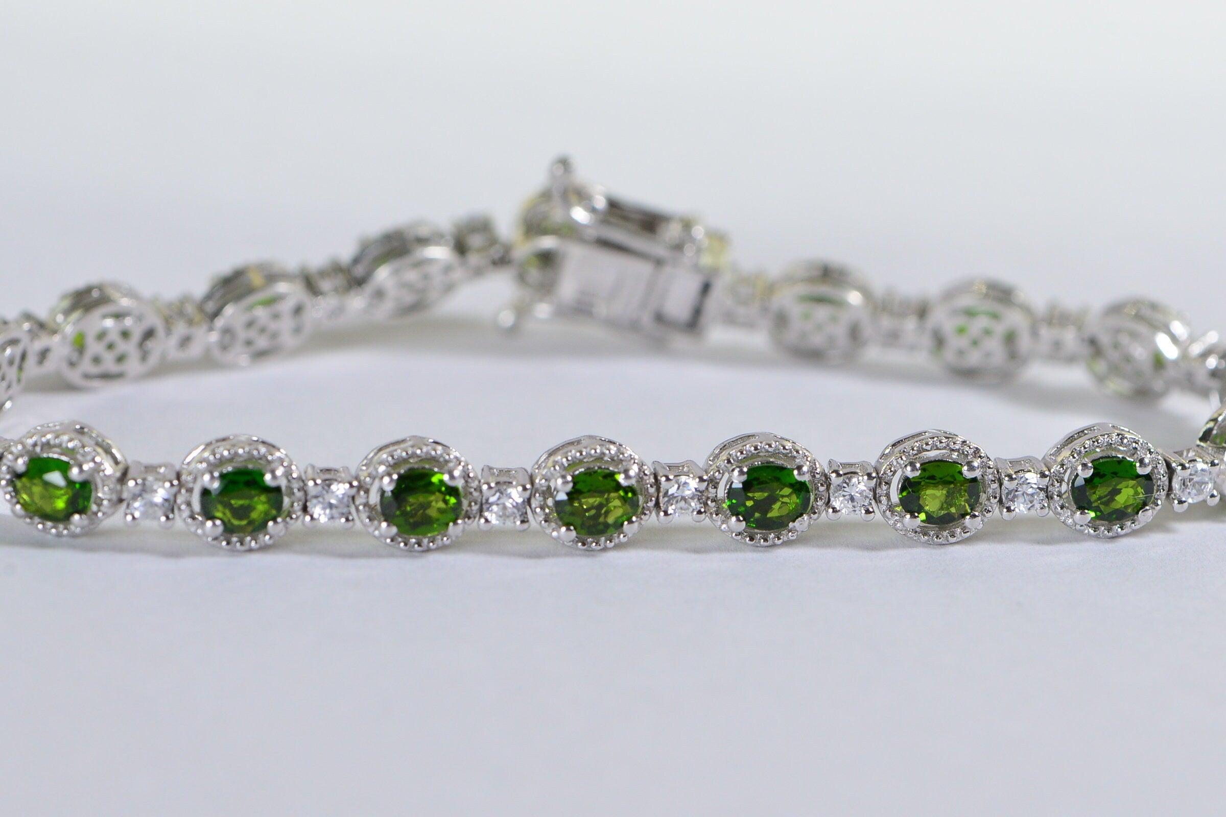Chrome Diopside Tennis Bracelet: Sterling Silver, CZ Diamond