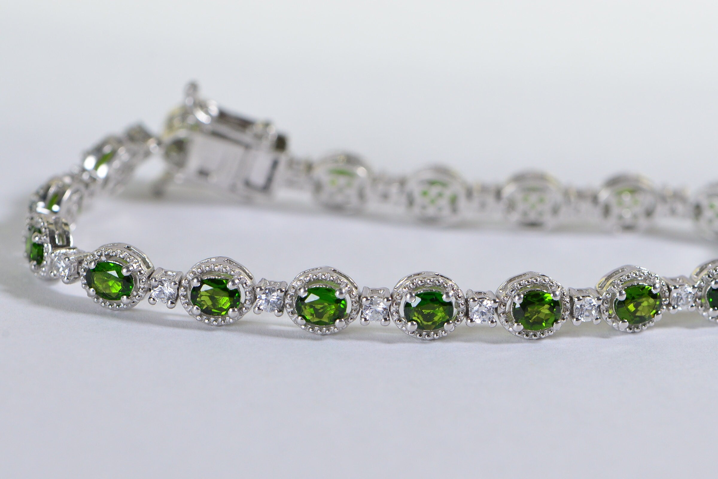 Chrome Diopside Tennis Bracelet: Sterling Silver, CZ Diamond