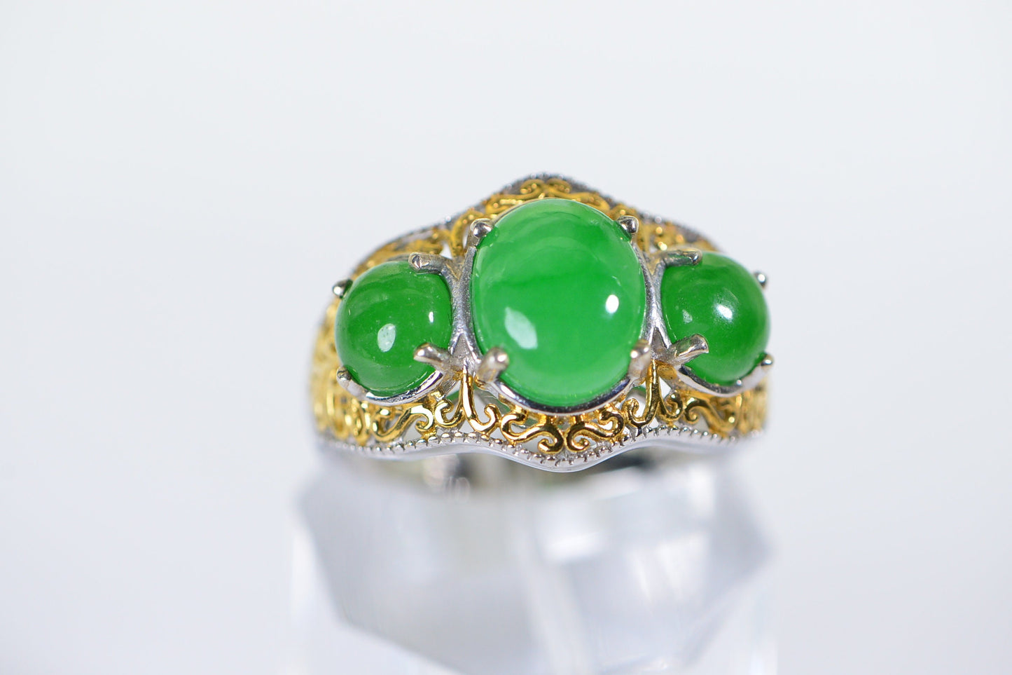 Vintage Apple Green Jade Trilogy Ring: 18K Gold Over Sterling Silver