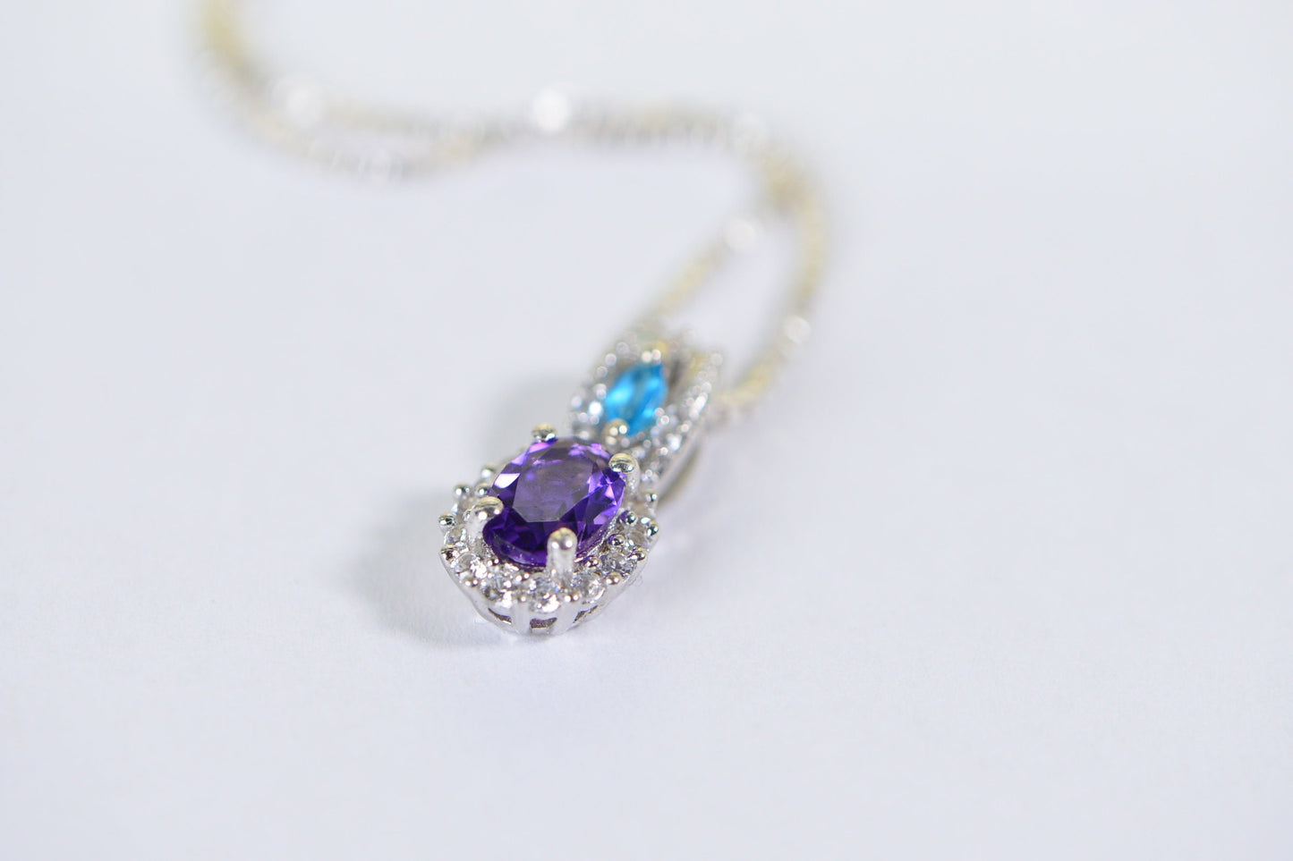 Amethyst Pendant Necklace: Sterling Silver Halo, Apatite Accent