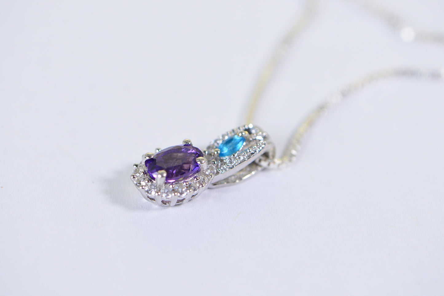 Amethyst Pendant Necklace: Sterling Silver Halo, Apatite Accent