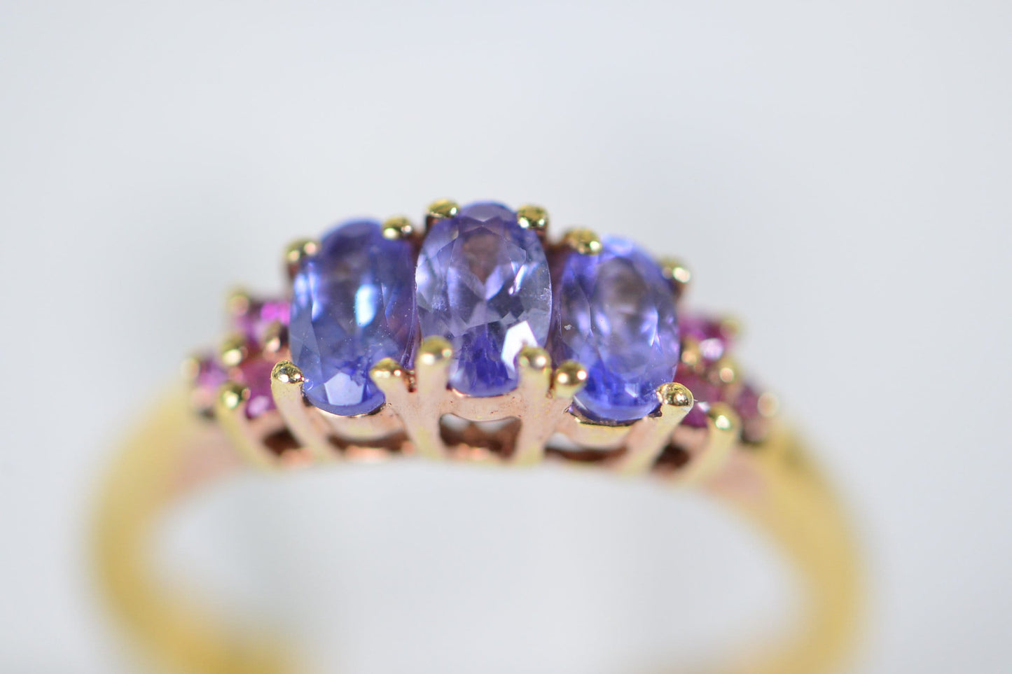Tanzanite & Pink Sapphire Trilogy Ring: 14K Gold Over Sterling Silver