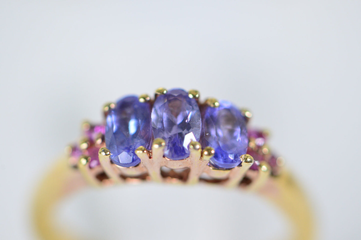 Tanzanite & Pink Sapphire Trilogy Ring: 14K Gold Over Sterling Silver