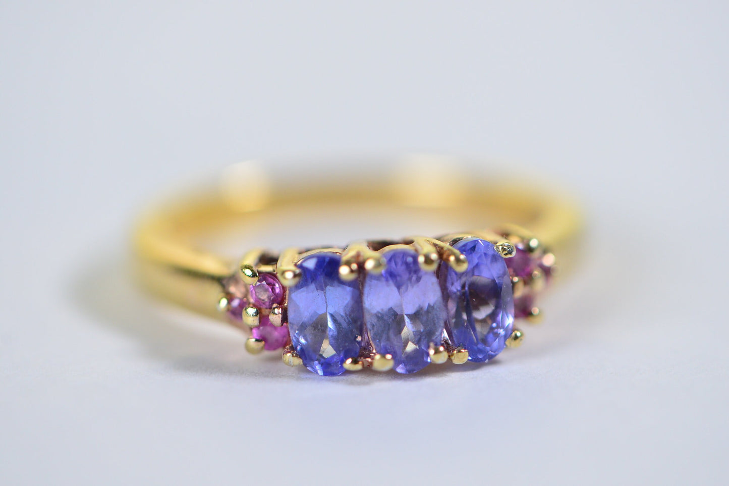 Tanzanite & Pink Sapphire Trilogy Ring: 14K Gold Over Sterling Silver