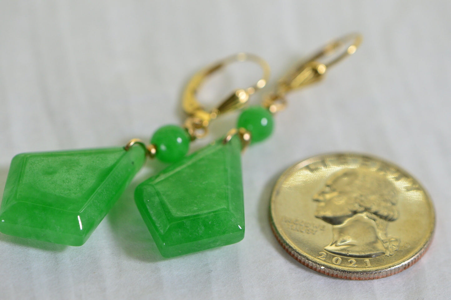 Genuine Green Jade Teardrop Earrings 14K Yellow Gold Filled Wire Wrapped Gemstone Earrings